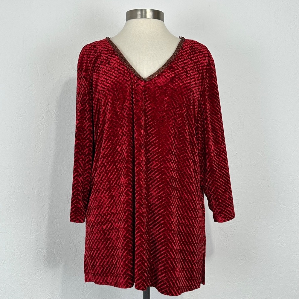 Womens Renaissance Royal Red Velvet Top Sz 1X Gold Trim Beaded Crushed Textured